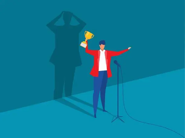 Vector illustration of Imposter syndrome.man standing for her present profile with fear shadow behind. Anxiety and lack of self confidence at work; the person fakes is someone else concept