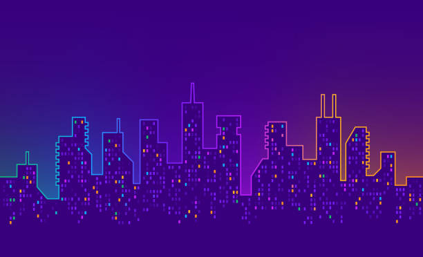 ilustrações de stock, clip art, desenhos animados e ícones de glowing urban cityscape skyline - city of los angeles city life cityscape night