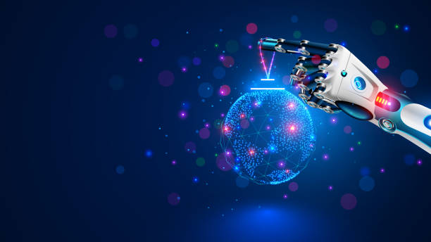 istock Merry Christmas and New Year Background in modern technology style. Christmas decoration in cyborg arm. Robot hand decoration christmas tree. AI or artificial intelligence greets the new year. Banner 1357685736