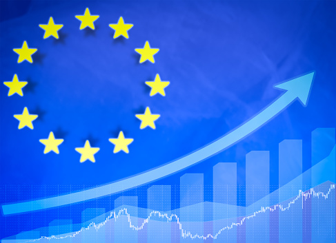 Growth chart against the background of the EU flag. The concept of growth of financial indicators. Profit growth, infographics. Concept of trading and financial markets