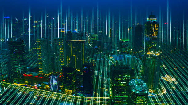 istock Aerial view of smart city with network connection 1357686441