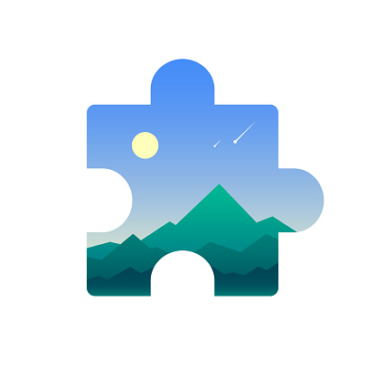 colorful simple vector flat art illustration of cartoon puzzle piece with green mount landscape and two falling stars on clear sky in it