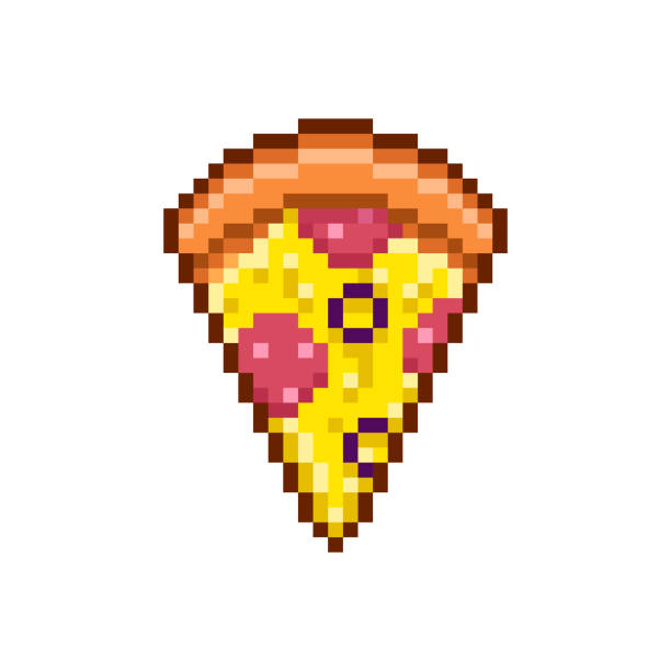 illustrations, cliparts, dessins animés et icônes de illustration simple en pixel art plat d’une tranche de pizza avec saucisse, fromage et olives sur fond blanc - old fashioned pizza label design element