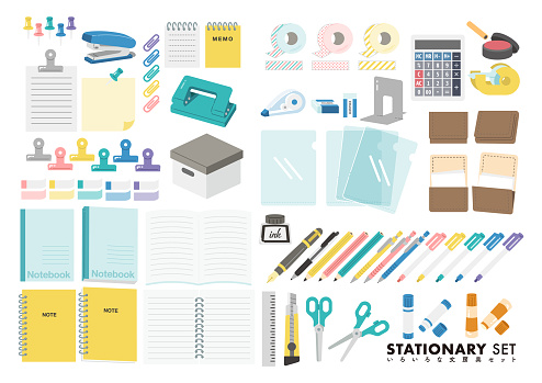 This illustration is an illustration set of various stationery used for office work and business.