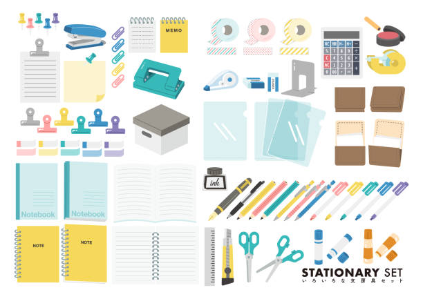 Illustration set of various stationery This illustration is an illustration set of various stationery used for office work and business. binder clip stock illustrations