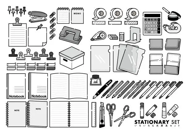 Vector illustration of Illustration set of various stationery/monochrome