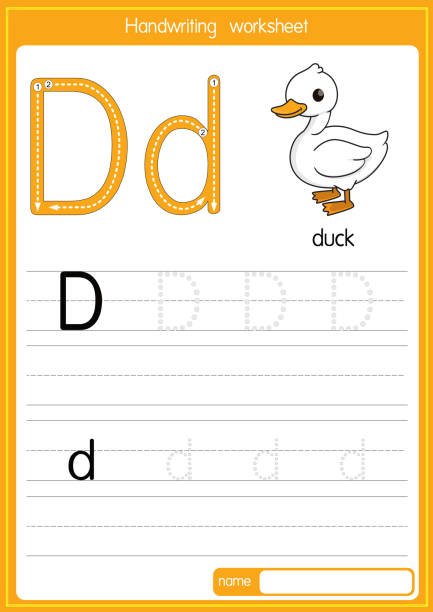 ilustrações, clipart, desenhos animados e ícones de ilustração vetorial de pato com letra de alfabeto d maiúscula ou letra maiúscula para crianças que aprendem prática abc - alphabet text vibrant color upper case