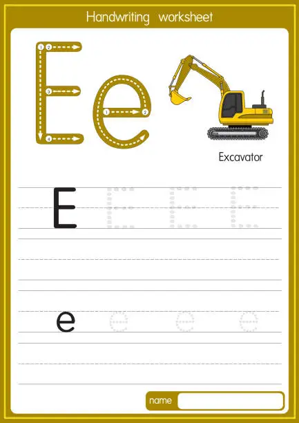 Vector illustration of Vector illustration of Excavator with alphabet letter E Upper case or capital letter for children learning practice ABC