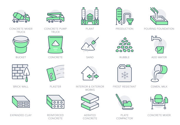 ilustrações de stock, clip art, desenhos animados e ícones de concrete line icons. vector illustration include icon - brick, construction, broken stone, spatula, mixer truck, putty outline pictogram for cement manufacturing. green color, editable stroke - cimento