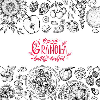 Granola ingredients illustration. Oat flakes , berries, fruits and nuts hand drawn sketch. Breakfast top view frame. Morning food menu design. Hand drawn vector illustration.