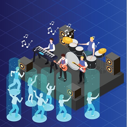 Metaverse concept: watching musical concert in virtual world isometric 3d