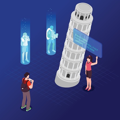 Travel to Italy visiting Pisa Tower in virtual world isometric 3d vector concept for banner, website, illustration, landing page, flyer, etc.