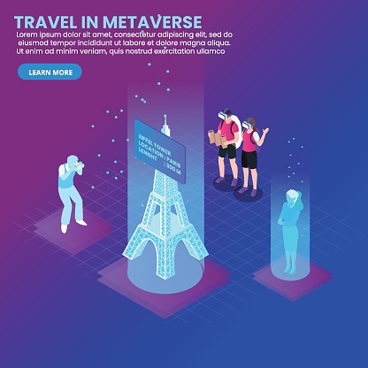 Future travel in metaverse isometric 3d vector concept for banner, website, illustration, landing page, flyer, etc.