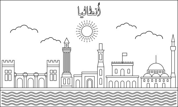 antalya skyline mit line art stil vektor-illustration. moderner stadtgestaltungsvektor. arabisch übersetzen : antalya - izmir stock-grafiken, -clipart, -cartoons und -symbole