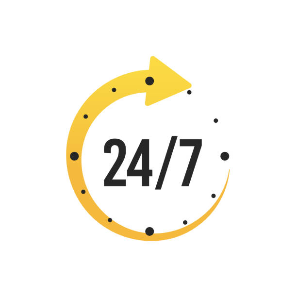 24 7ノンストップサービスアイコンの時計の円の矢印。ノンストップ、24時間サポート。24 7サービスが開いています。ベクトル - non permanent点のイラスト素材／クリップアート素材／マンガ素材／アイコン素材