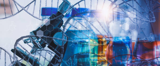 istock Double exposure-microscope in laboratory with test tube and dna helix ,science analysis and test results DNA structure molecule chain,medical and genetics,futuristic science biotechnology human cell 1357694542