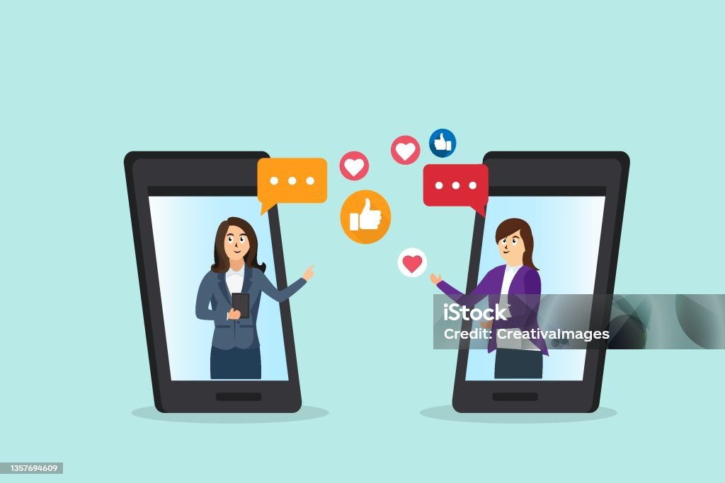 Chating Photo Two Young Women Chatting On Social Media Stock Illustration - Download ...