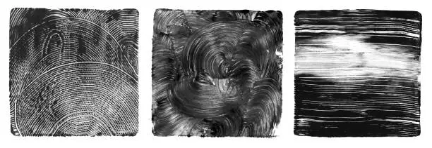 Photo of Art Abstract black and white acrylic and watercolor monotype painting. Gel printing plate. Canvas texture background. Isolated set.