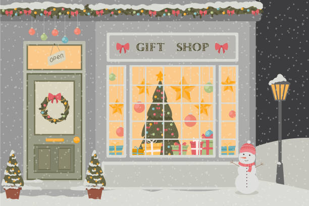 illustrations, cliparts, dessins animés et icônes de boutique de cadeaux avec un arbre de noël, des cadeaux, une couronne de noël, des guirlandes et des balles. - boutique de souvenirs