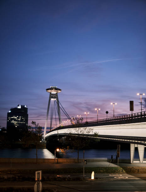 a view of the UFO bridge of Bratislava with long exposure in the capital of Slovakia