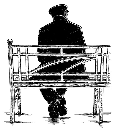 Hand drawing of casual townsman sitting on park bench alone.