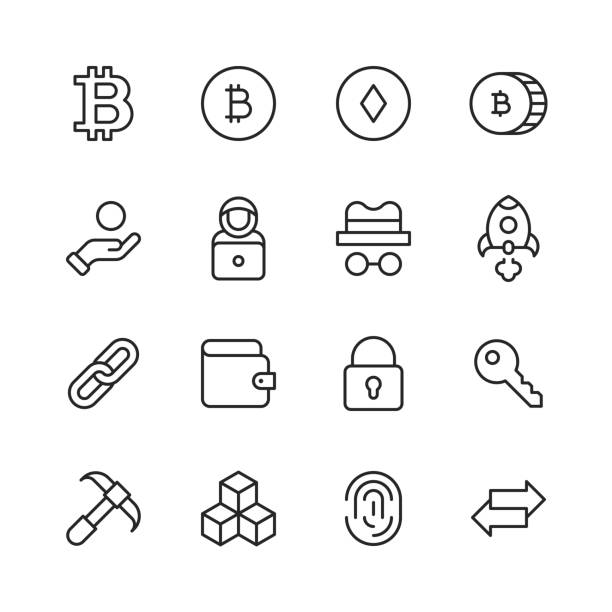 illustrations, cliparts, dessins animés et icônes de icônes de ligne de crypto-monnaie. trait modifiable, contient des icônes telles que bitcoin, bloc, blockchain, graphique, coin, réseau informatique, cpu, crypto-monnaie, monnaie, numérique, ethereum, finance, gpu, clé, mineur, miner, argent, réseau,  - key locking lock symbol