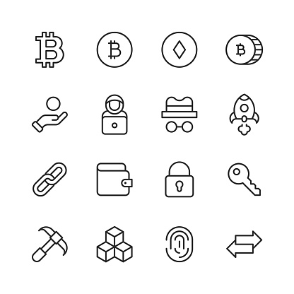 16 Cryptocurrency Line Icons. Anonymous, Bank,, Bitcoin, Block, Blockchain, Bull Market, Chart, Coin, Computer Network, CPU, Crypto, Cryptocurrency, Currency, Diagram, Digital, Ethereum, Exchange, Finance, Gold, GPU, Growth, Hacker, Key, Ledger, Market, Miner, Mining, Mobile App, Money, Network, NFT, Padlock, Processor, Rocket, Security, Smartphone, Startup, Technology, Transfer, Wallet, Web3, Web Browser.
