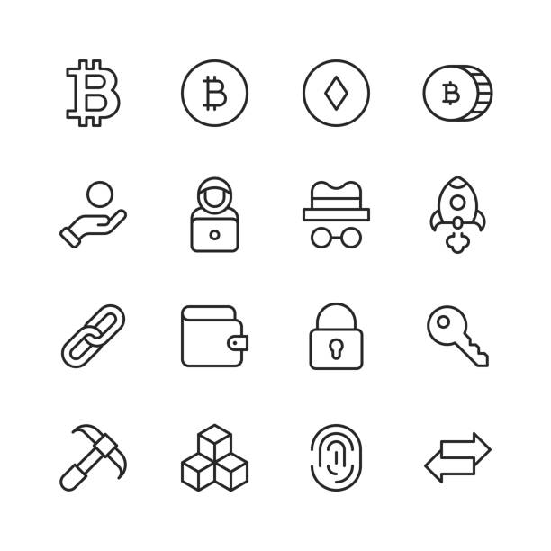 Cryptocurrency Line Icons. Editable Stroke, Contains such icons as Bitcoin, Block, Blockchain, Chart, Coin, Computer Network, CPU, Cryptocurrency, Currency, Digital, Ethereum, Finance, GPU, Key, Miner, Mining, Money, Network, NFT, Security, Wallet, Web3. 16 Cryptocurrency Line Icons. Anonymous, Bank,, Bitcoin, Block, Blockchain, Bull Market, Chart, Coin, Computer Network, CPU, Crypto, Cryptocurrency, Currency, Diagram, Digital, Ethereum, Exchange, Finance, Gold, GPU, Growth, Hacker, Key, Ledger, Market, Miner, Mining, Mobile App, Money, Network, NFT, Padlock, Processor, Rocket, Security, Smartphone, Startup, Technology, Transfer, Wallet, Web3, Web Browser. ethereum stock illustrations