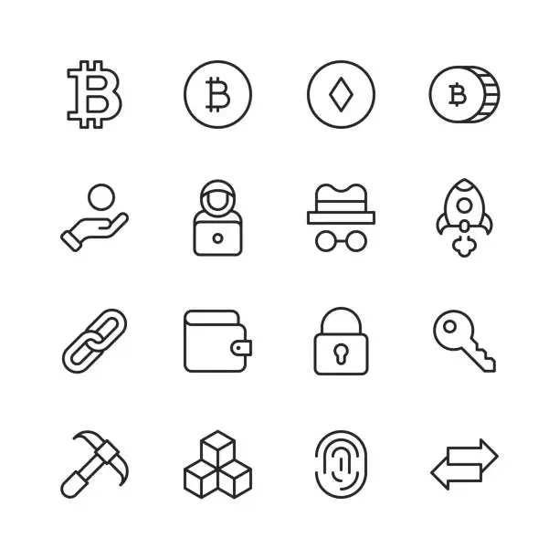 Vector illustration of Cryptocurrency Line Icons. Editable Stroke, Contains such icons as Bitcoin, Block, Blockchain, Chart, Coin, Computer Network, CPU, Cryptocurrency, Currency, Digital, Ethereum, Finance, GPU, Key, Miner, Mining, Money, Network, NFT, Security, Wallet, Web3.