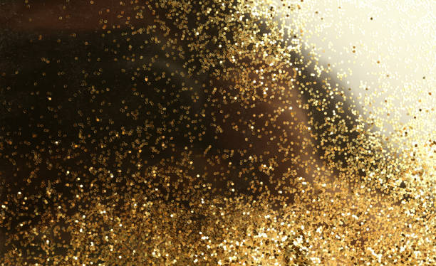 oro (bronzo) glitter lucido punti coriandoli su nero. luce astratta lampeggia scintilla orizzontale backgound. - twink foto e immagini stock