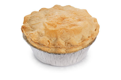 Studio shot of a savoury pie cut out against a white background
