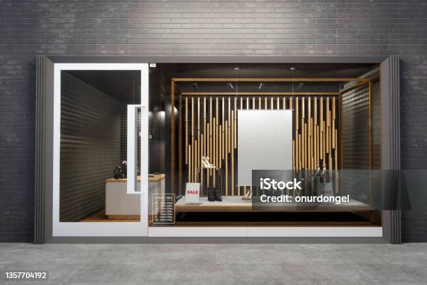 Storefront Of Shoe Store With Poster Mockup And Shoes Stock Photo - Download Image Now