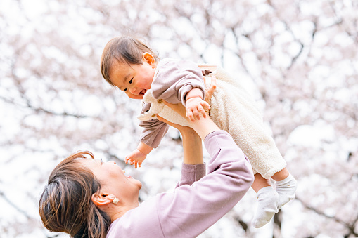 A mother and her small daughter are enjoying their time during spring time sakura cherry blossom trees season in nature.