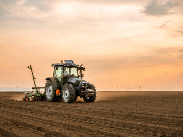 istock Tractor drilling seeding crops at farm field. Agricultural activity. 1357705641