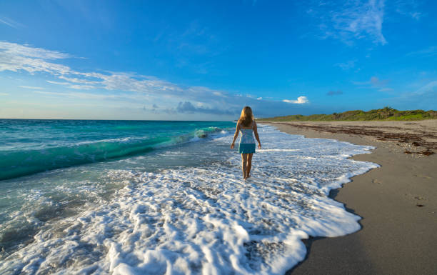 istock Girl walking alone on the beach. 1357705854