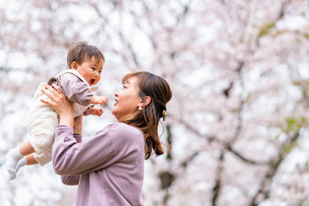 mother and her small daughter enjoying their time during spring time sakura cherry blossom trees season in nature - love growth time of day cheerful imagens e fotografias de stock