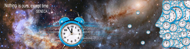 istock An image of a clock, from which particles and a human head are separated, made from various clock faces. 1357707681
