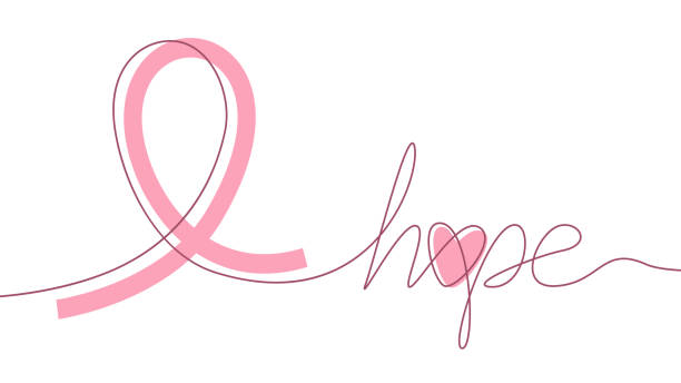 różowa wstążka i napis hope line art - breast cancer awareness ribbon ribbon breast cancer cancer stock illustrations