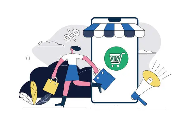 Vector illustration of Woman shopping on mobile phone,