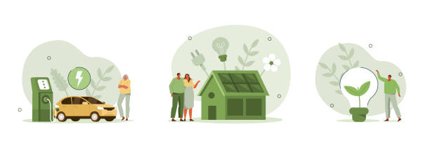 green energy set Green energy illustration set. Modern eco private house with solar energy panels and smart home technology. Electric car near charging station. Renewable energy concept. Vector illustration. alternative fuel vehicle stock illustrations