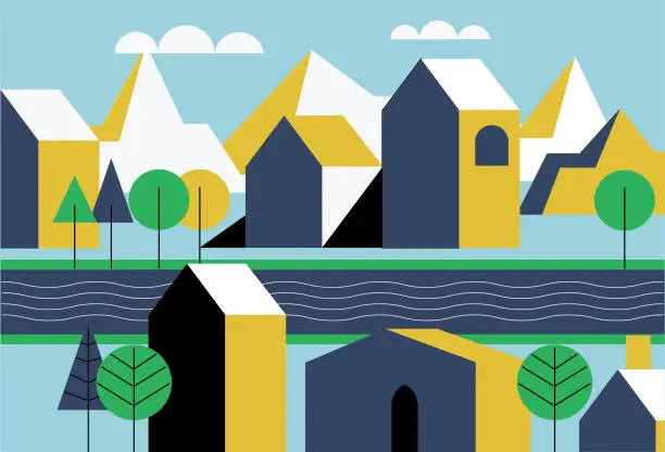 Vector illustration of Towns, rivers, houses, trees, landscapes.