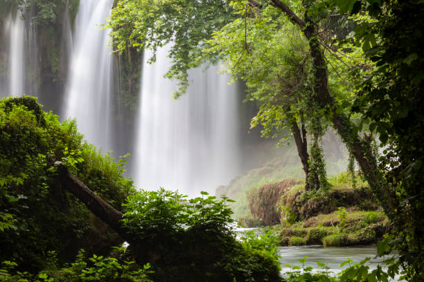 foto das cachoeiras duden durante a primavera, antalya, turquia - waterfall antalya turkey forest - fotografias e filmes do acervo