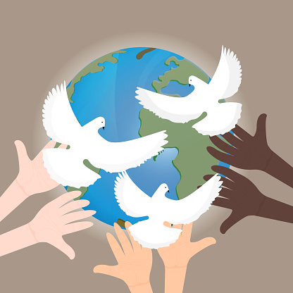 Day of Human Rights and Solidarity of Multiracial Groups for Global Equality and Peace. Symbol of friendship of peoples and peace is a white dove on the background of the Earth. Vector illustration