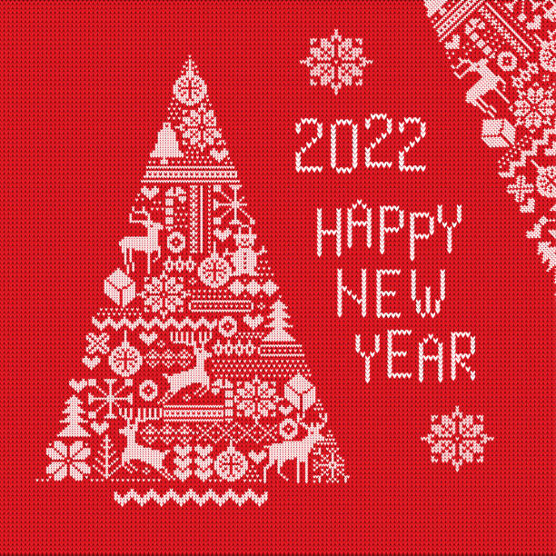 ilustrações, clipart, desenhos animados e ícones de cartões de boas-vindas do ano novo feliz de 2022, capas de férias. elementos de malha e bordas para o natal, ano novo ou design de inverno. estilo de suéter feio. enfeites de suéter para padrão escandinavo. - knitting sweater crochet wool