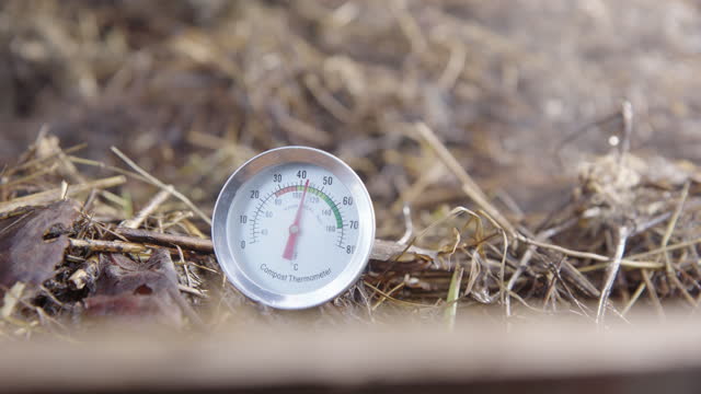 CLOSEUP of a compost thermometer showing ideal compost temperature
