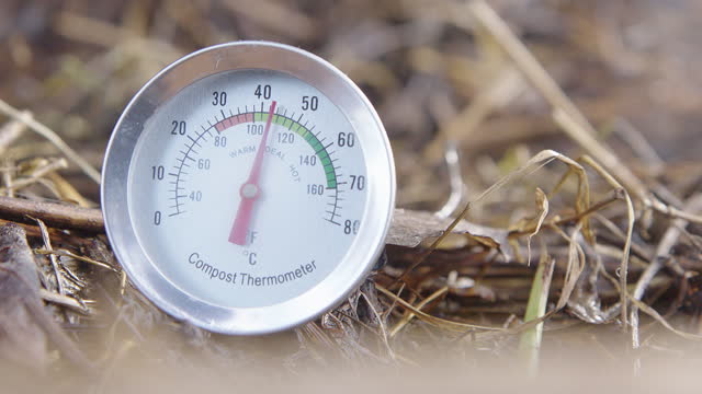 BIG CLOSEUP of a compost thermometer showing ideal temperature