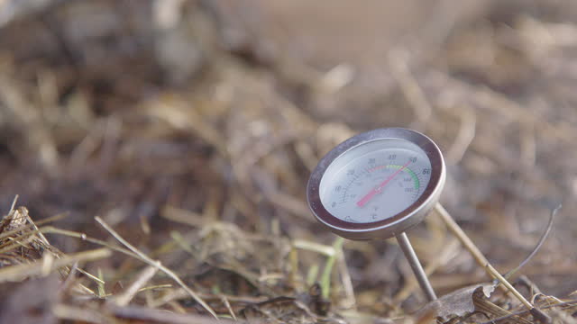 ZOOM IN, SLOW MOTION - steam rises around the compost thermometer
