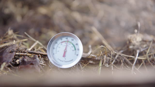 SLOW MOTION CLOSEUP - steam rises around the compost thermometer. Ideal temp