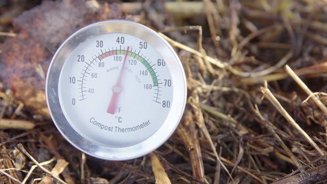 ZOOM IN, CLOSEUP compost thermometer displaying an ideal composting temperature