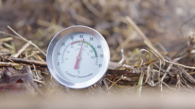 ZOOM IN - a compost thermometer showing ideal compost temperature